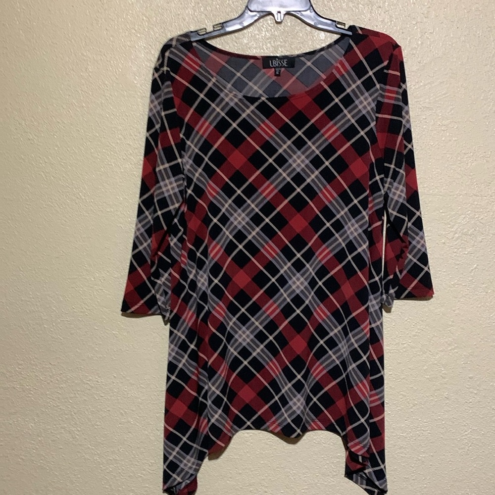 LBISSE Top Blouse XL Stretchy Pullover High Low Plaid Red Black Tan Polyester